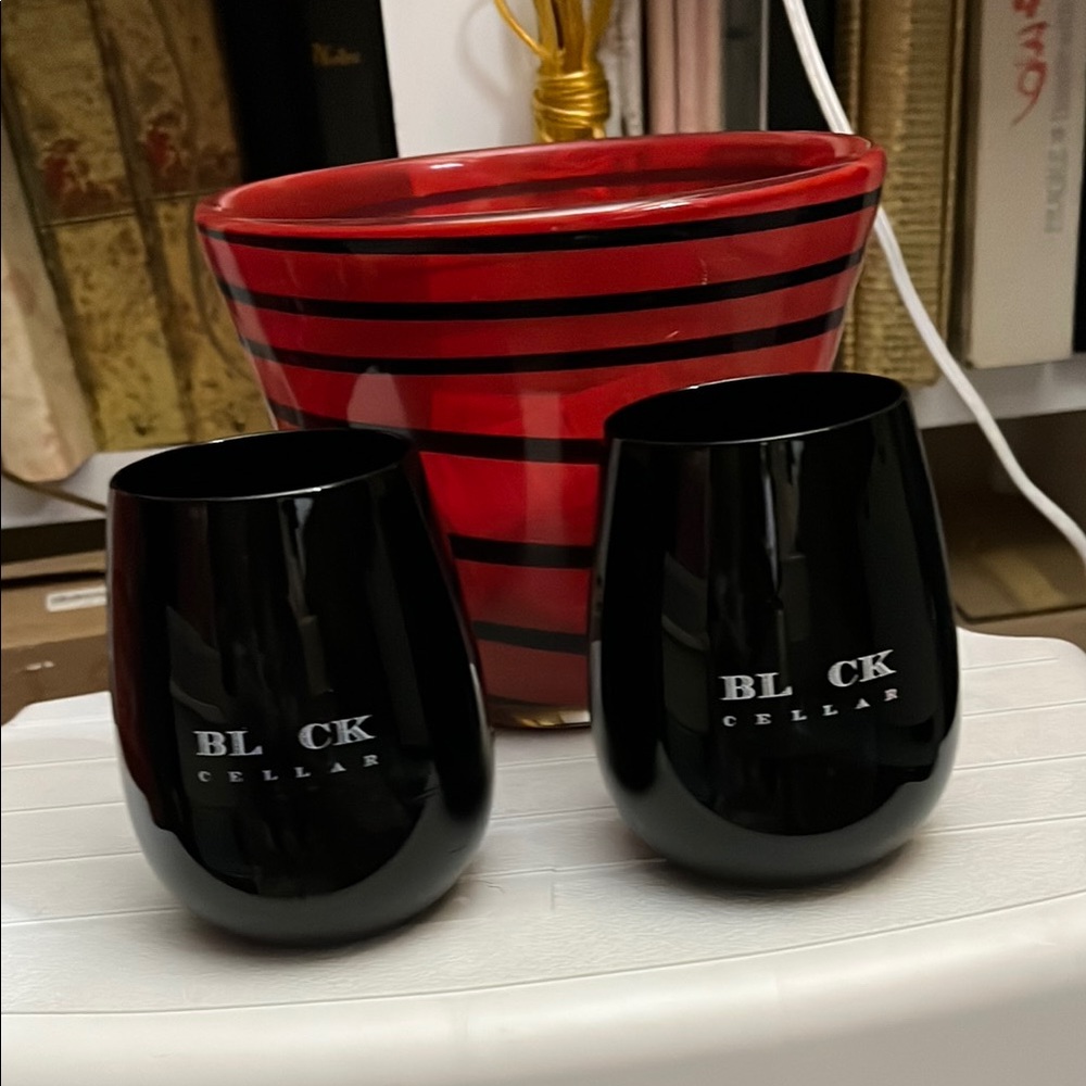 2 Hand blown stemless wine glasses
